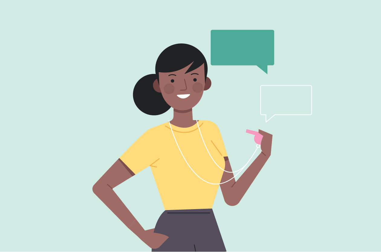 Illustration of a woman with a whistle around her neck and speech bubbles around her.