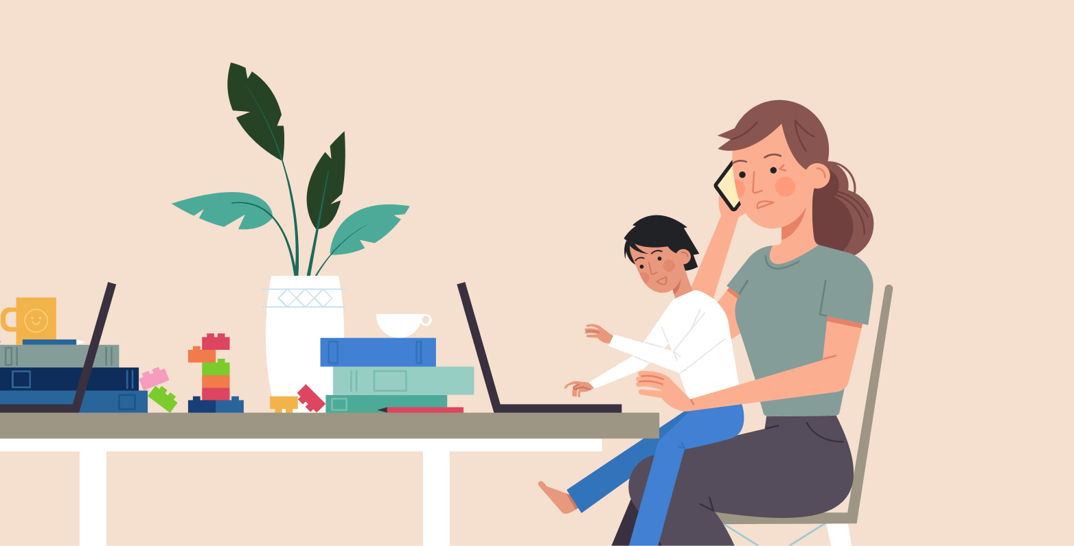 Illustration of a woman on the phone with a child on her lap.