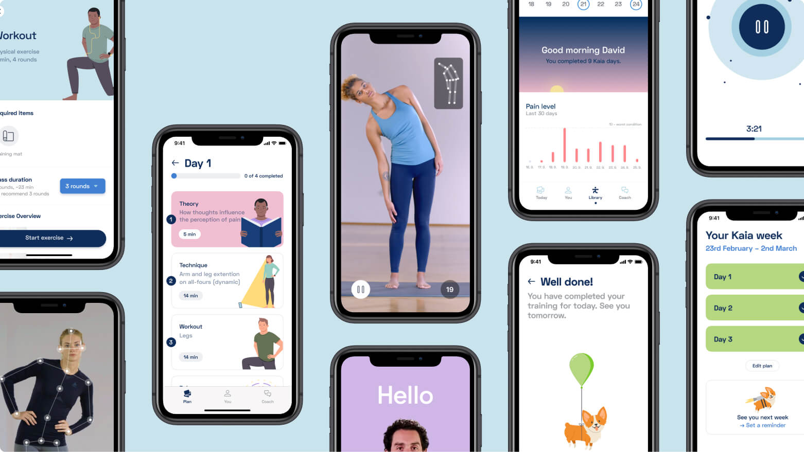 Collection of smartphone showing a woman stretching, an app, and workout routines.