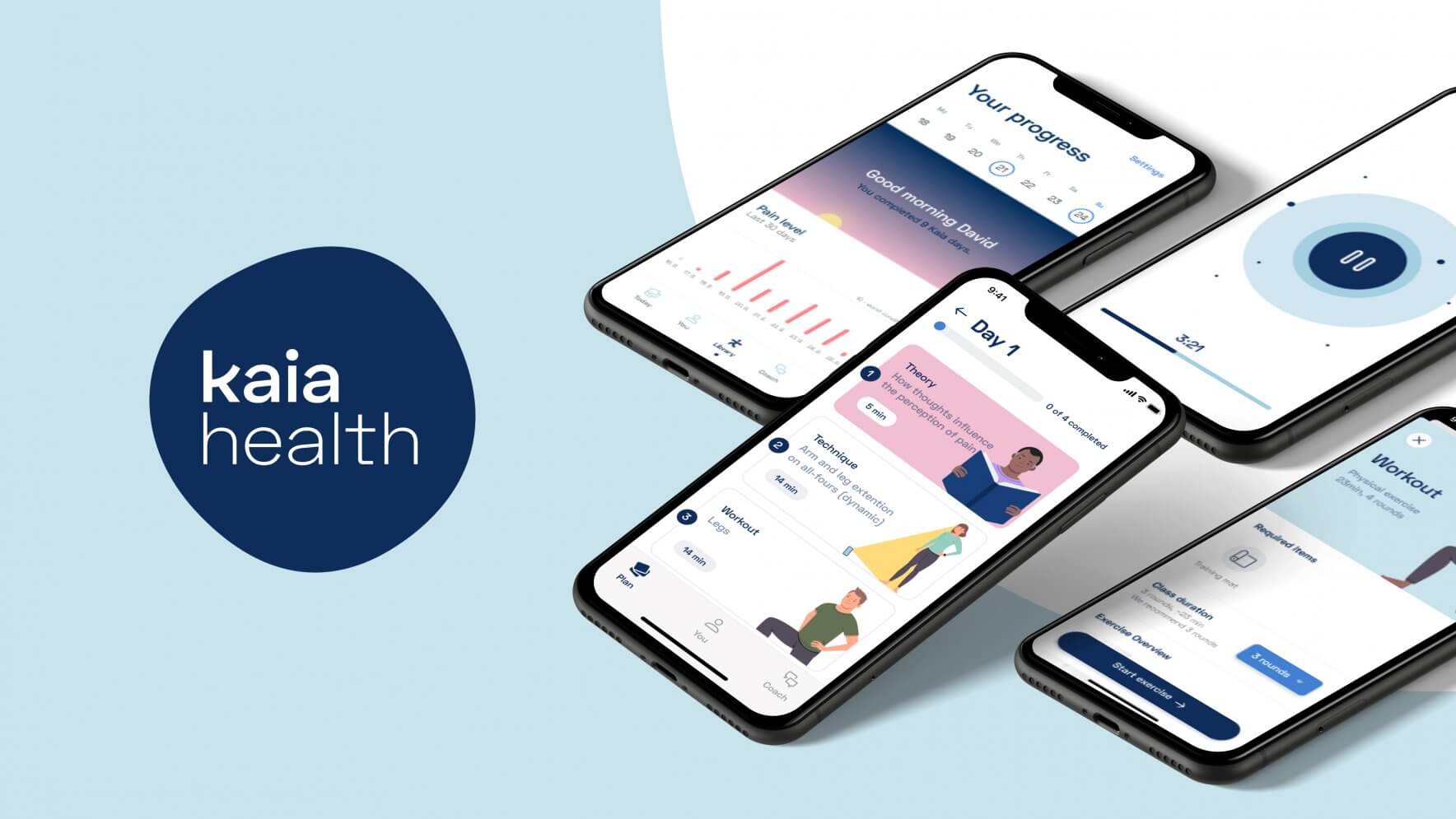 Kaia Health logo in white and blue next to smartphones showing the digital experience.