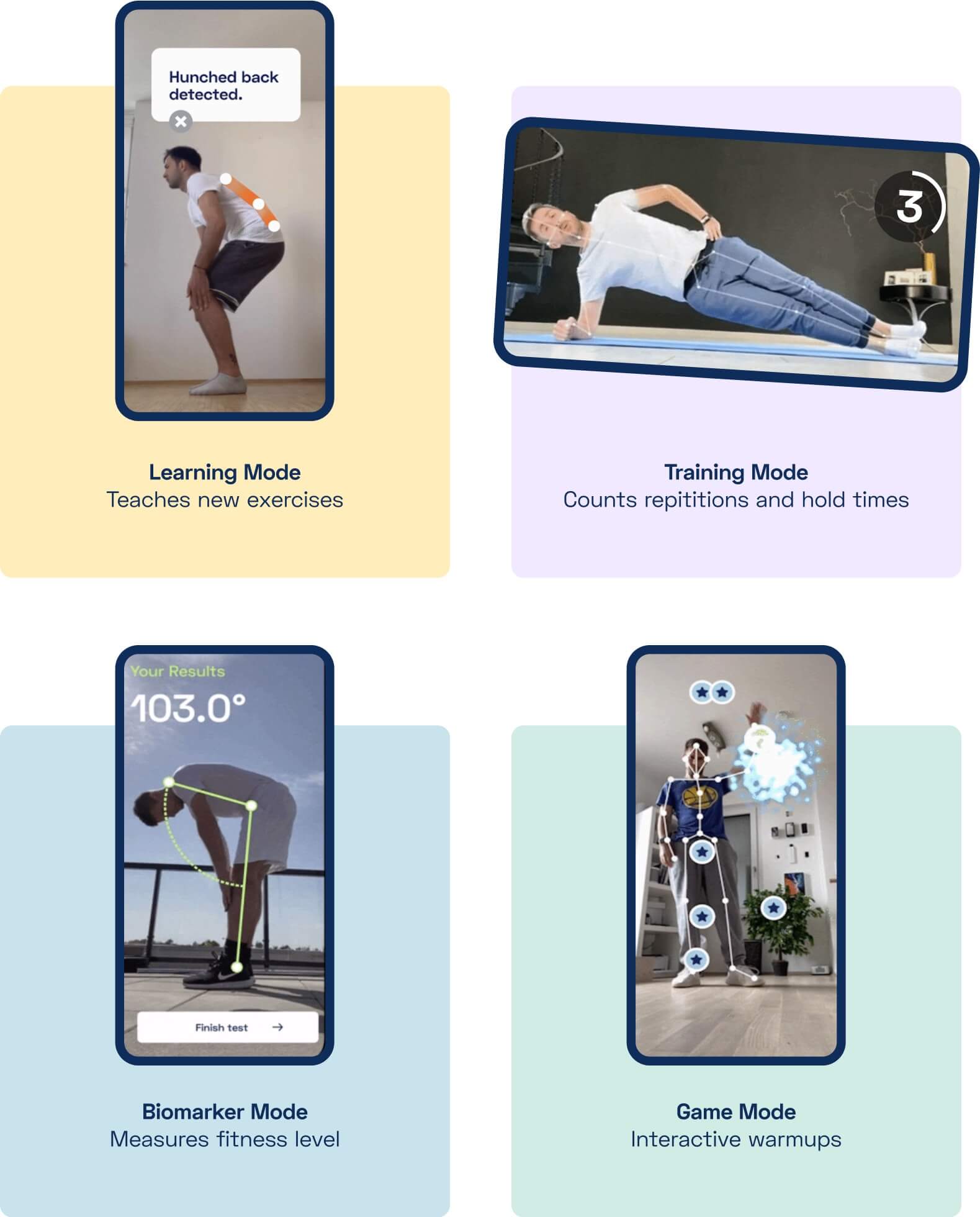Four smartphones show Kaia Health's Motion Coach helping individuals with different exercises.