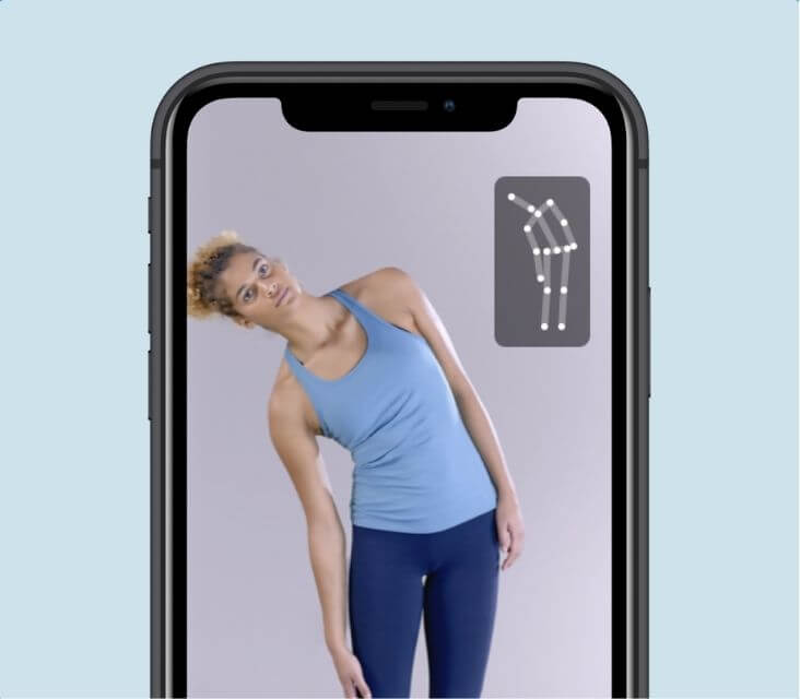 A smartphone shows a woman stretching to her right side.
