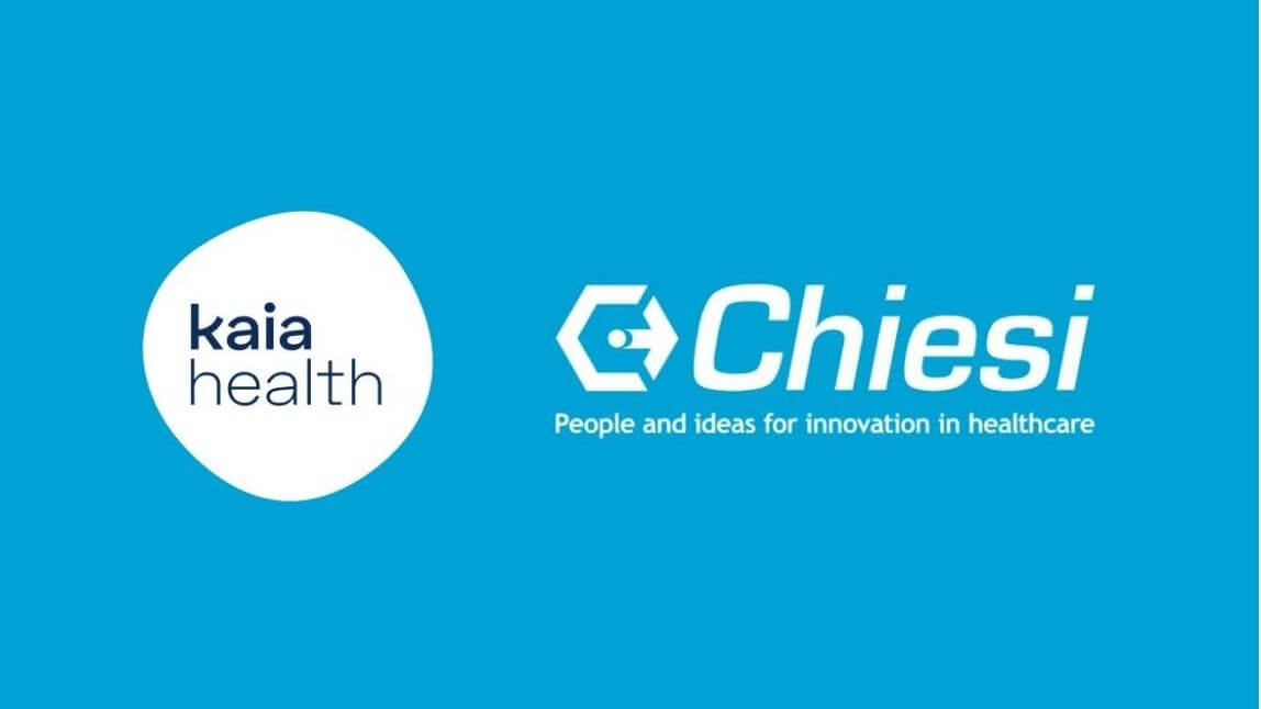 Kaia Health and Chiesi logos together on a blue background.