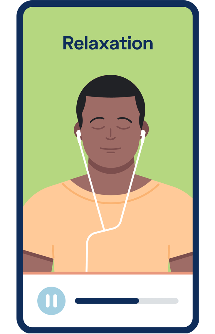Smartphone illustration of a man with his eyes closed listening to music through earbuds.
