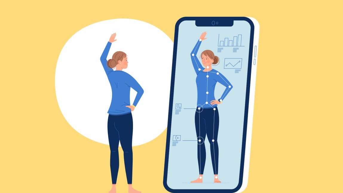 Illustration of stretching woman in front of a smartphone showing impacted points on the body.