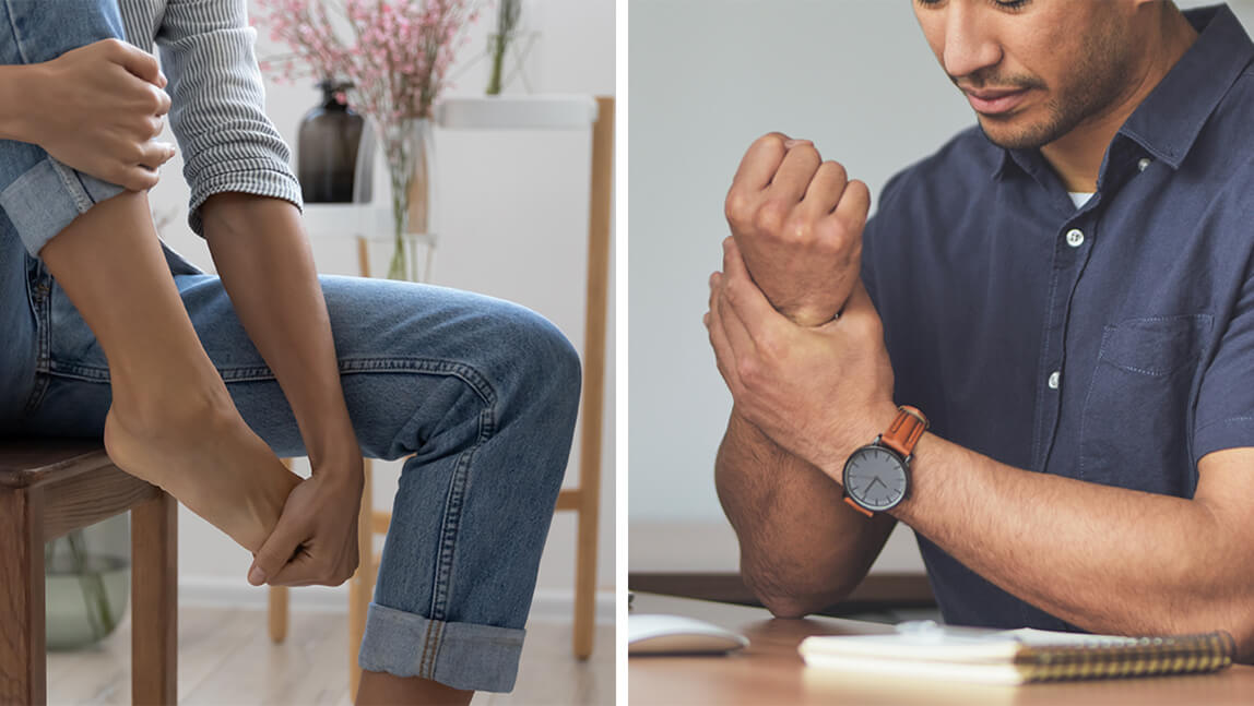 Two side-by-side photos showing a woman with foot pain and a man with wrist pain.