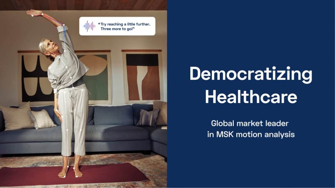 Woman stretches in her living room with the text "democratizing healthcare" on the right-hand side.