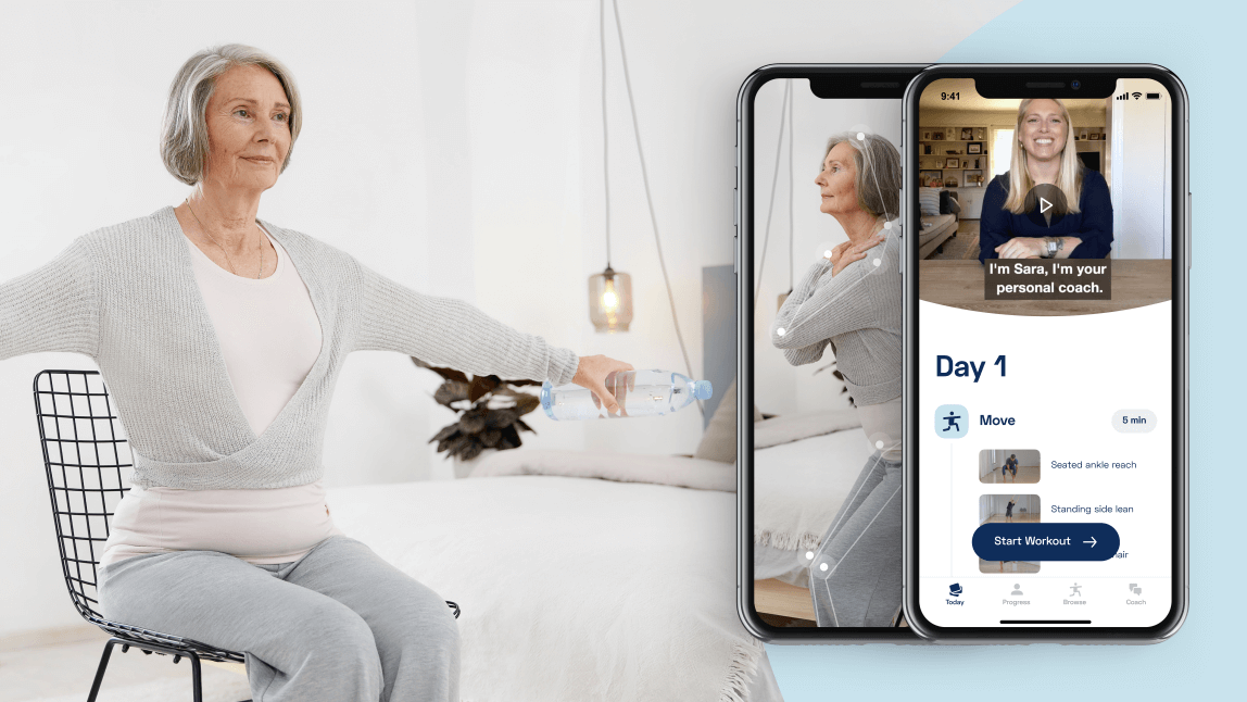 Photo of a woman stretching in her bedroom with a picture of a smartphone showing the Kaia app.